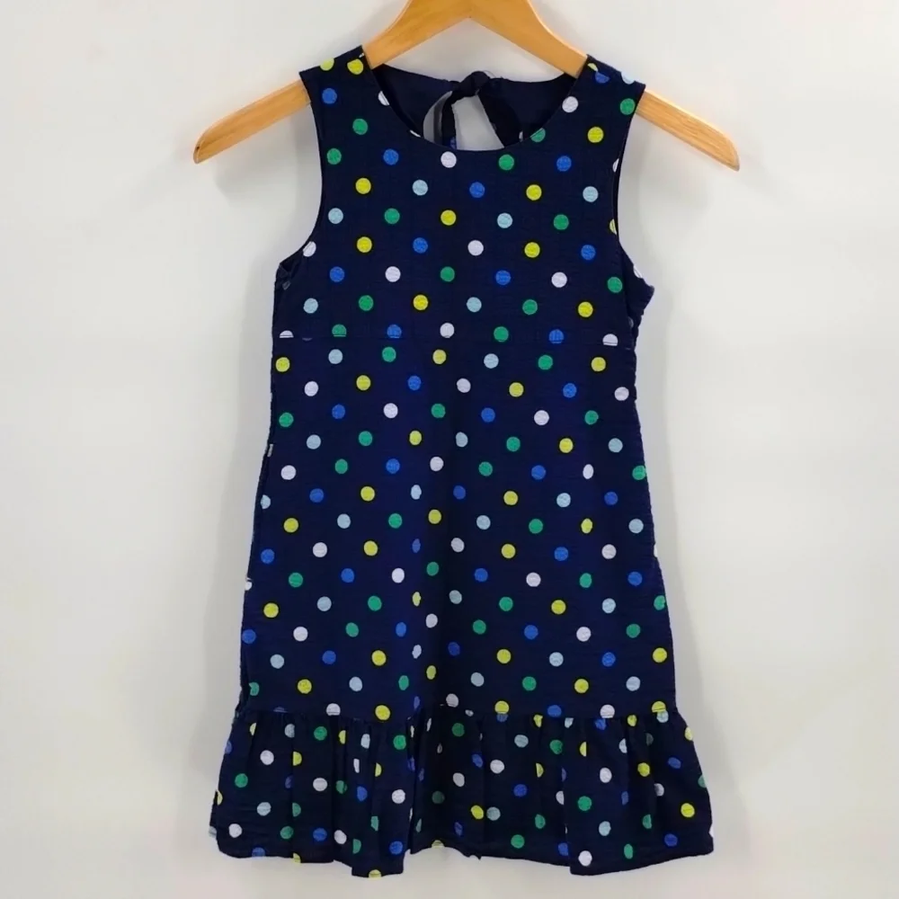 Gymboree cotton dress size 7 navy with polka dots and pockets tie back ruffle